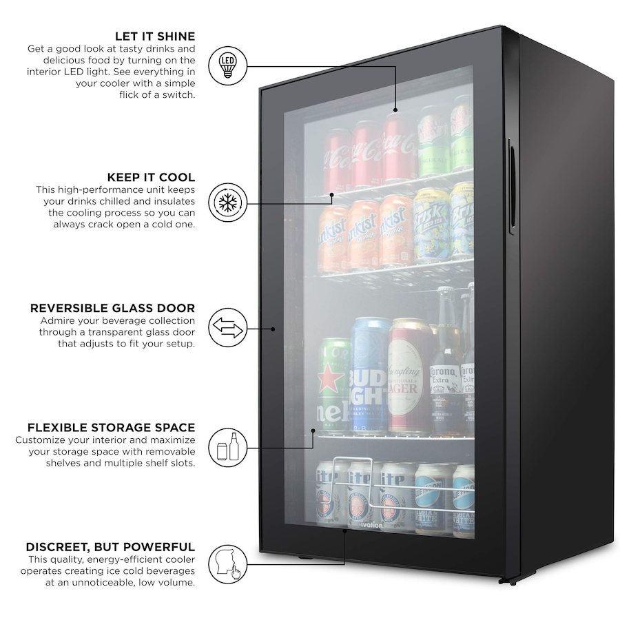 Image 870827_ALTMORE4.jpg, Product 870-827 / Price $529.99, Ivation 126 Can Beverage Refrigerator, Freestanding Mini Fridge with Glass Door - Black from Ivation on TSC.ca's Kitchen department
