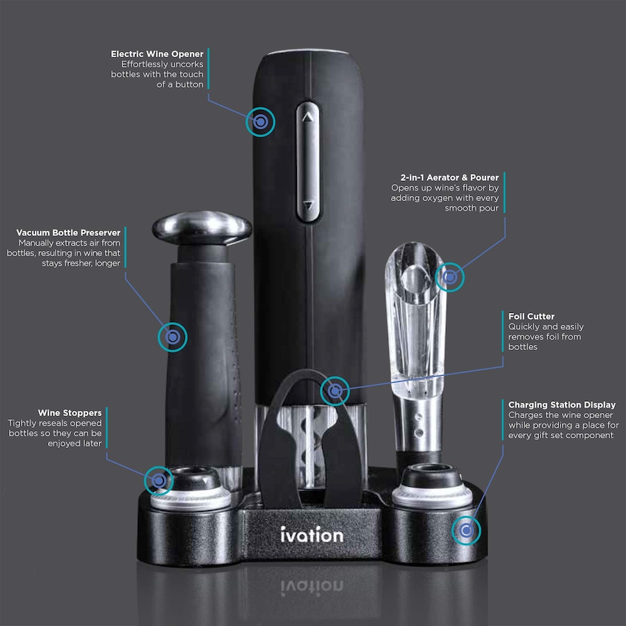 Image 870885_ALTMORE2.jpg, Product 870-885 / Price $69.99, Ivation 7-Piece Wine Gift Set with Electric Bottle Opener, Wine Aerator, Foil Cutter & More - Black from Ivation on TSC.ca's Kitchen department