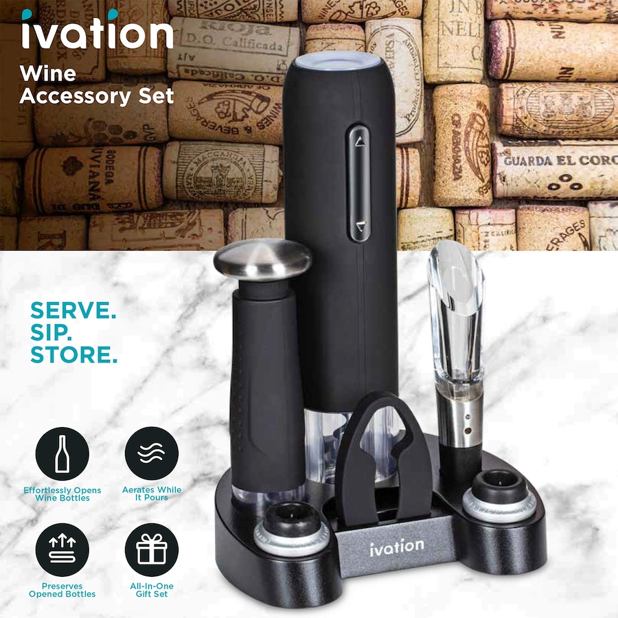 Image 870885_ALTMORE4.jpg, Product 870-885 / Price $69.99, Ivation 7-Piece Wine Gift Set with Electric Bottle Opener, Wine Aerator, Foil Cutter & More - Black from Ivation on TSC.ca's Kitchen department