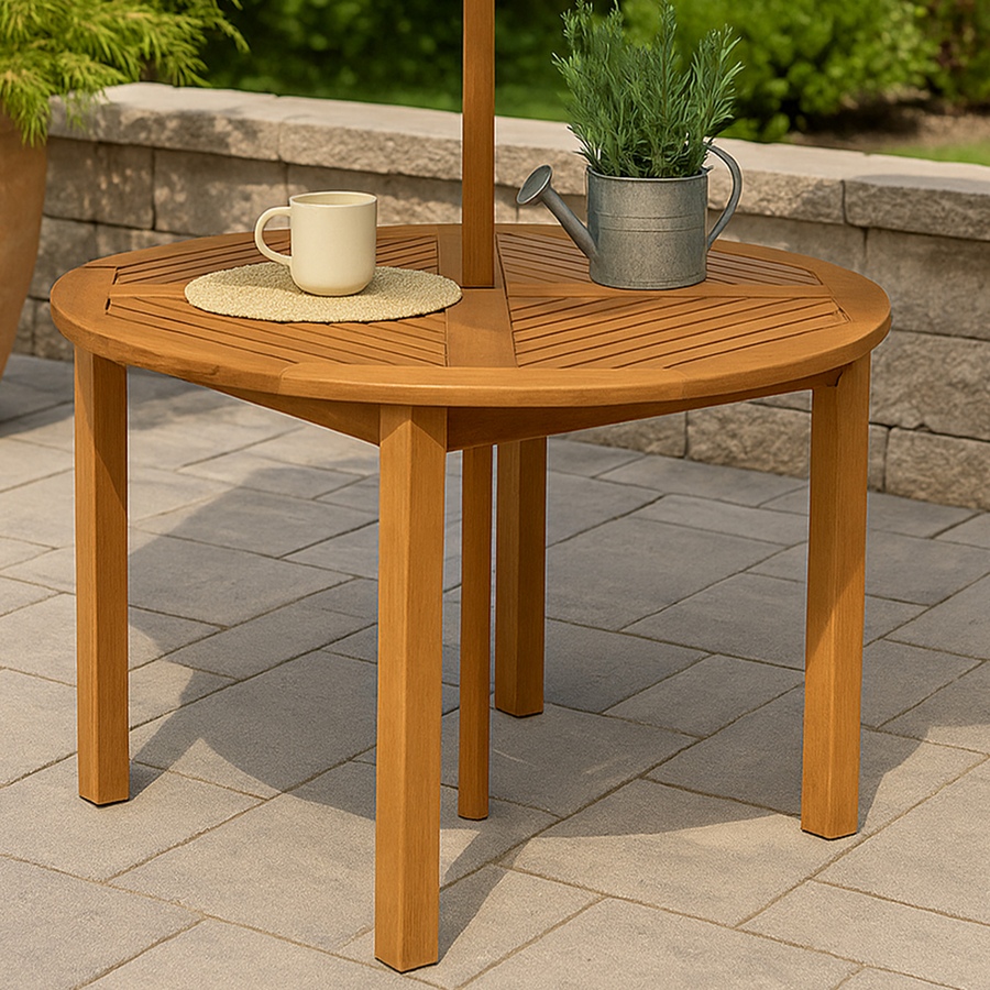 Image 873087_ALTMORE19.jpg, Product 873-087 / Price $451.45, Meranti Wood Round Outdoor Dining Table - Teak Oil Finish from Sunnydaze Décor on TSC.ca's Home & Garden department