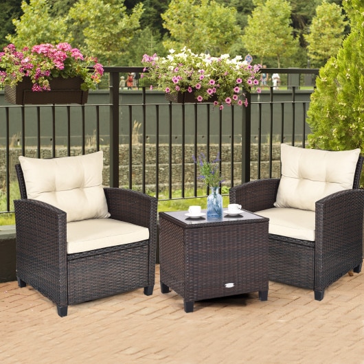 Home Garden Outdoor Living Outdoor Furniture 3 Pieces Cushioned Rattan Patio Conversation Set with Coffee Table Black TSC Online Shopping for Canadians