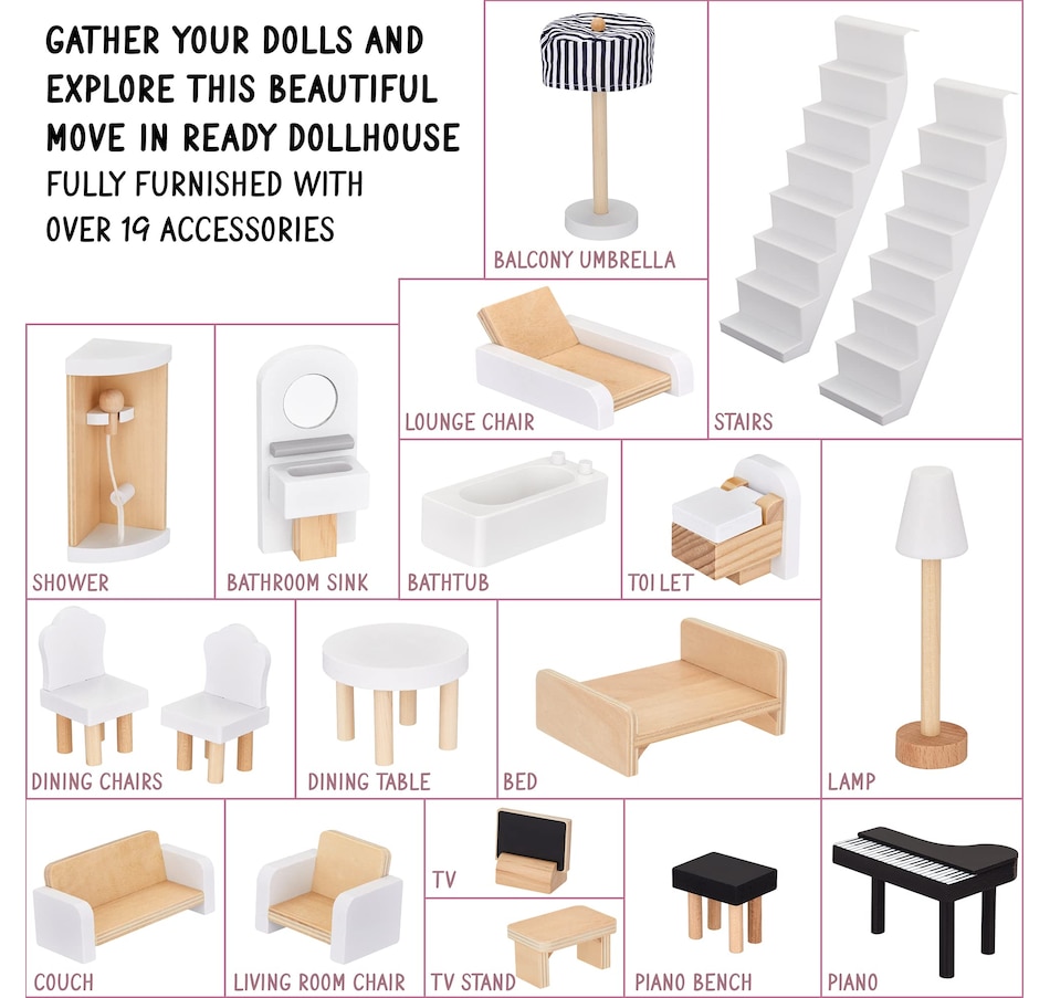 Image 878108_ALTMORE3.jpg, Product 878-108 / Price $199.99, Lil’ Jumbl Large Wooden Dollhouse, 3 Story Doll House with Furniture, Stairs & Accessories from Jumbl on TSC.ca's Toys & Hobbies department
