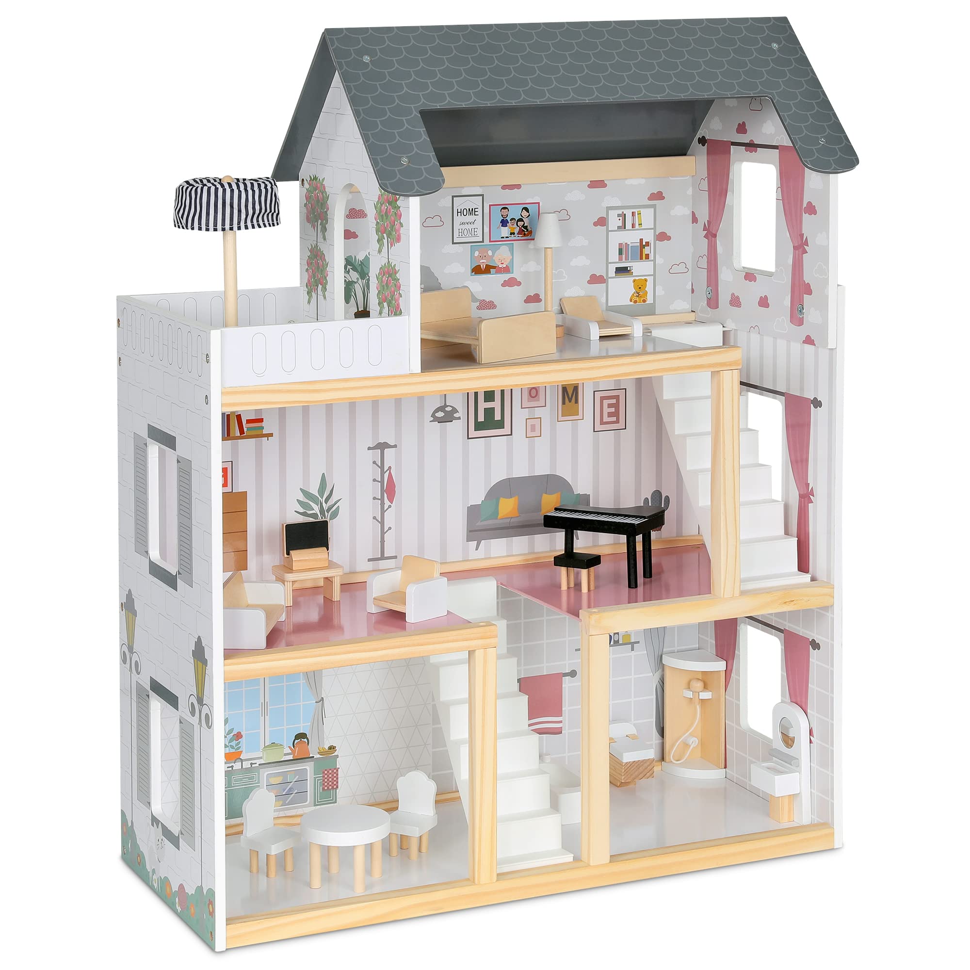Lil Jumbl Kids 3 Floor Wooden Dollhouse with 2 Staircases and 17 Piece