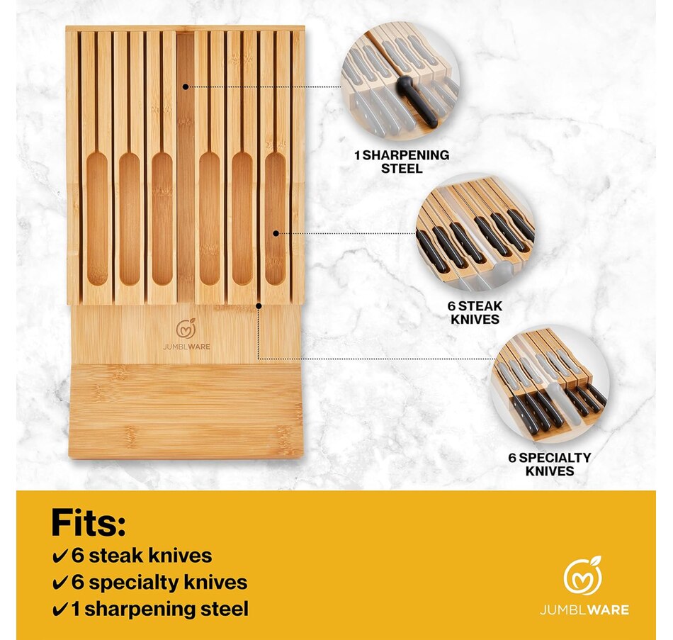 Image 878110_ALTMORE1.jpg, Product 878-110 / Price $45.99, JumblWare Bamboo In-Drawer Knife Block Wooden Organizer & Cutlery Holder Insert for Inside Drawer, Cabinet or Counter Universal Dock Fits 16 Steak Knives & Sharpener Great Kitchen Gadget Gift from JumblWare on TSC.ca's Home & Garden department