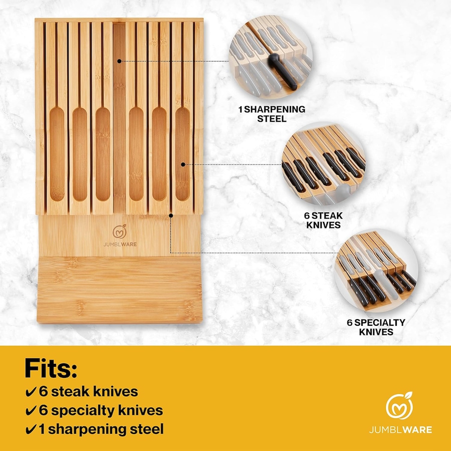 Image 878110_ALTMORE1.jpg, Product 878-110 / Price $45.99, JumblWare Bamboo In-Drawer Knife Block Wooden Organizer & Cutlery Holder Insert for Inside Drawer, Cabinet or Counter Universal Dock Fits 16 Steak Knives & Sharpener Great Kitchen Gadget Gift from JumblWare on TSC.ca's Home & Garden department