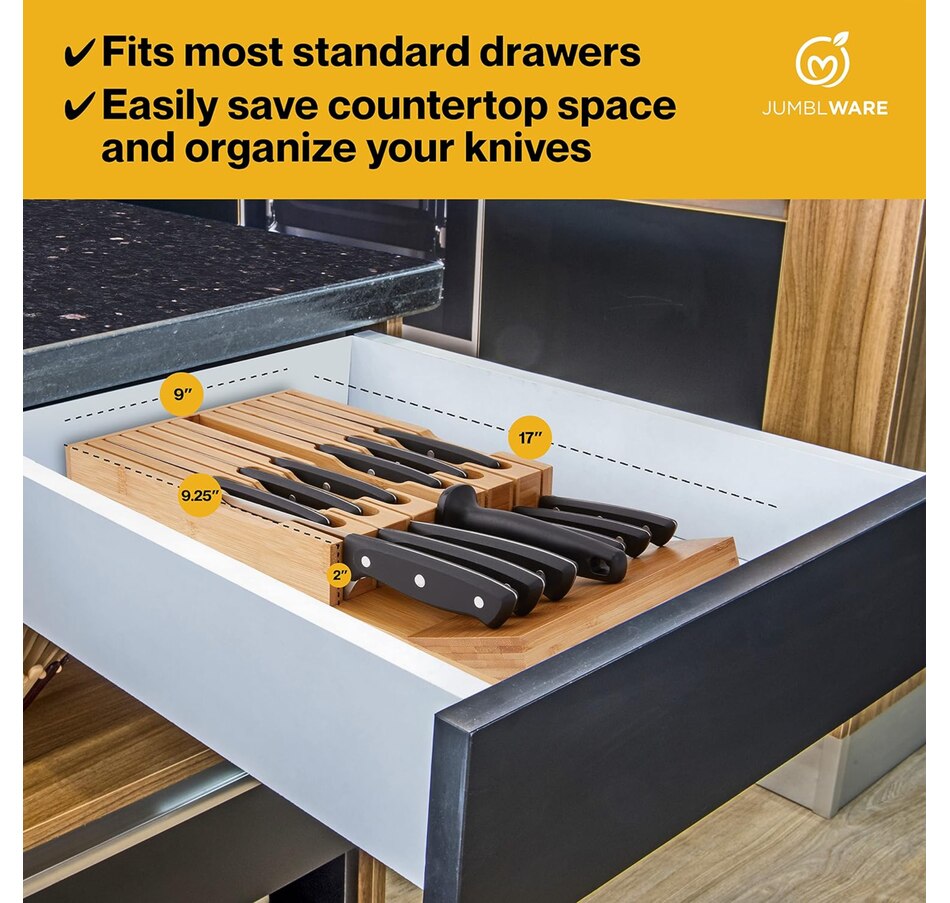 Image 878110_ALTMORE2.jpg, Product 878-110 / Price $45.99, JumblWare Bamboo In-Drawer Knife Block Wooden Organizer & Cutlery Holder Insert for Inside Drawer, Cabinet or Counter Universal Dock Fits 16 Steak Knives & Sharpener Great Kitchen Gadget Gift from JumblWare on TSC.ca's Home & Garden department
