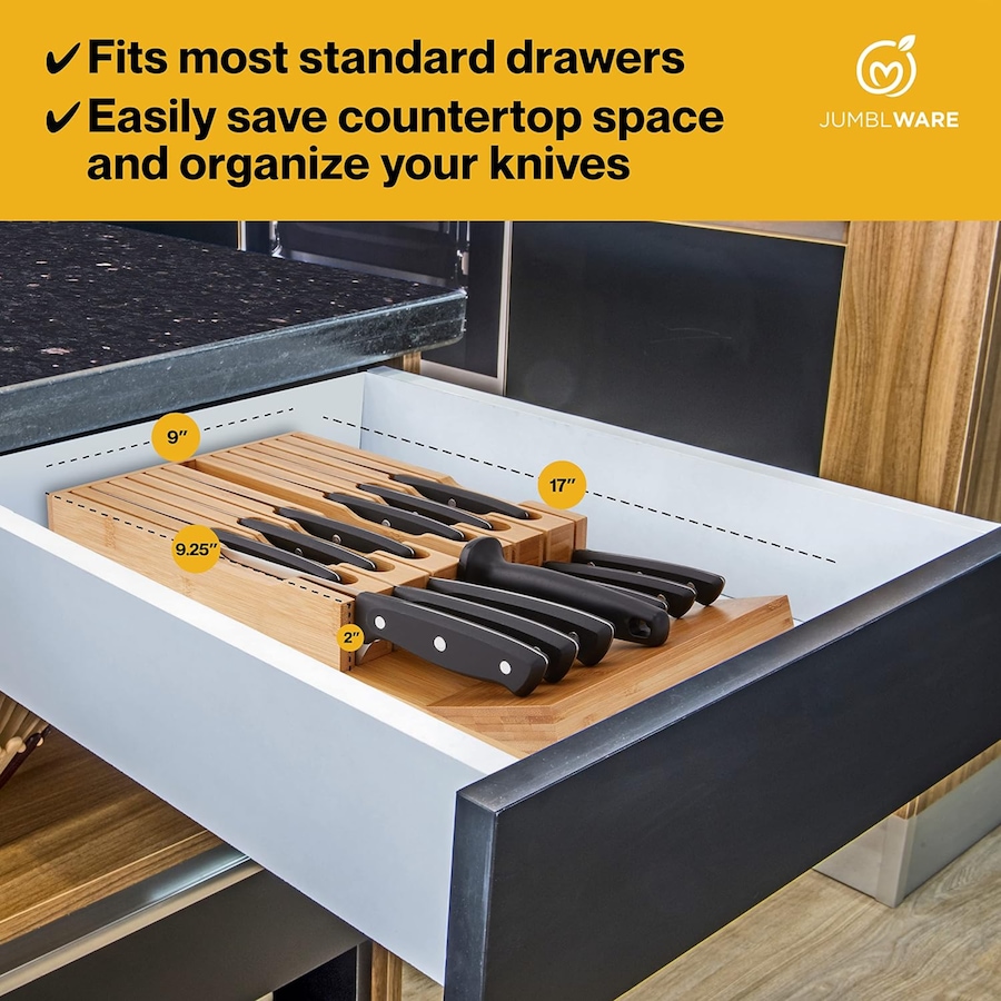 Image 878110_ALTMORE2.jpg, Product 878-110 / Price $45.99, JumblWare Bamboo In-Drawer Knife Block Wooden Organizer & Cutlery Holder Insert for Inside Drawer, Cabinet or Counter Universal Dock Fits 16 Steak Knives & Sharpener Great Kitchen Gadget Gift from JumblWare on TSC.ca's Home & Garden department