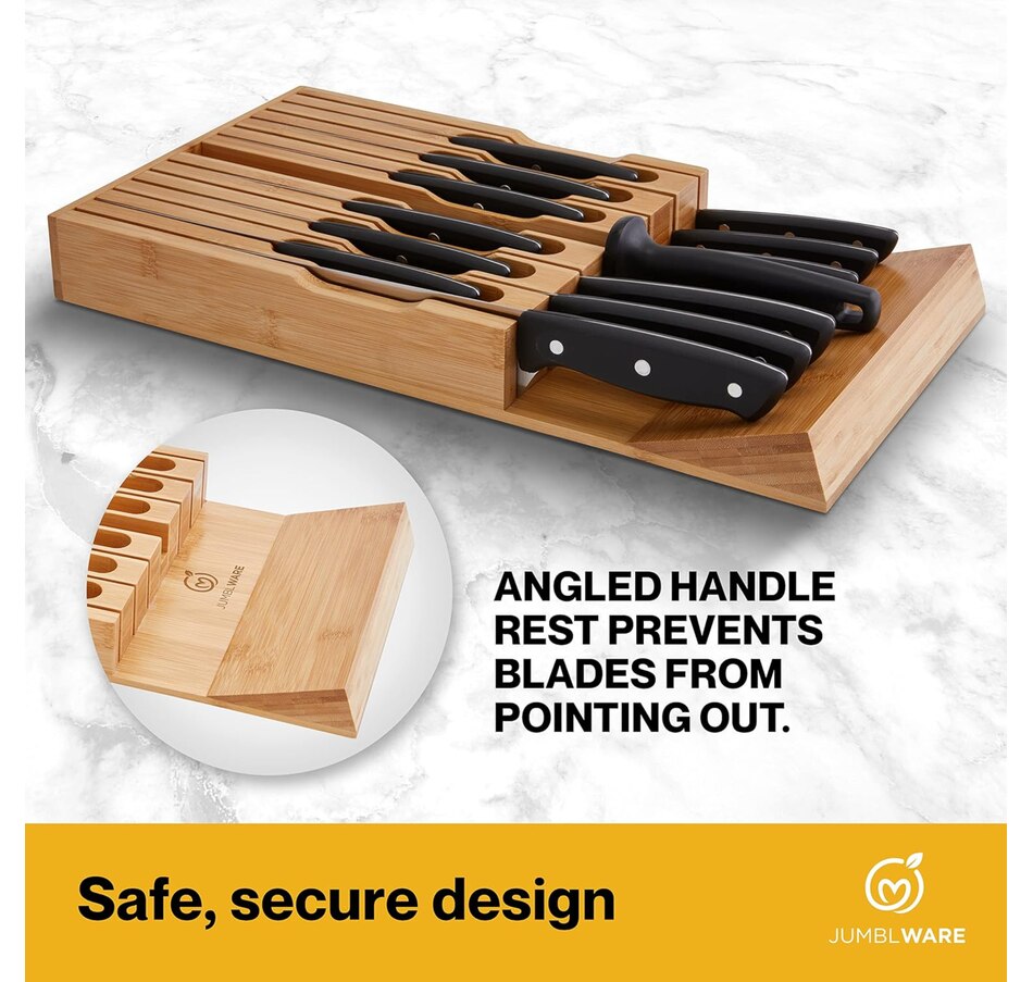 Image 878110_ALTMORE3.jpg, Product 878-110 / Price $45.99, JumblWare Bamboo In-Drawer Knife Block Wooden Organizer & Cutlery Holder Insert for Inside Drawer, Cabinet or Counter Universal Dock Fits 16 Steak Knives & Sharpener Great Kitchen Gadget Gift from JumblWare on TSC.ca's Home & Garden department