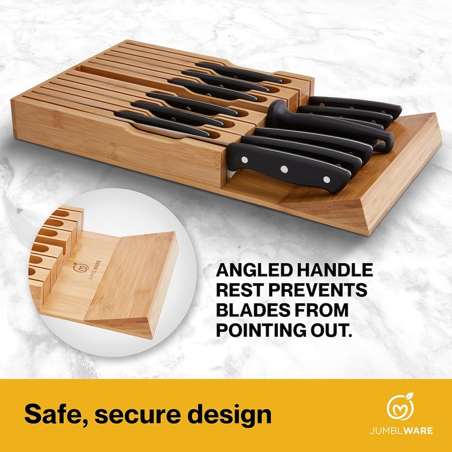 Image 878110_ALTMORE3.jpg, Product 878-110 / Price $45.99, JumblWare Bamboo In-Drawer Knife Block Wooden Organizer & Cutlery Holder Insert for Inside Drawer, Cabinet or Counter Universal Dock Fits 16 Steak Knives & Sharpener Great Kitchen Gadget Gift from JumblWare on TSC.ca's Home & Garden department