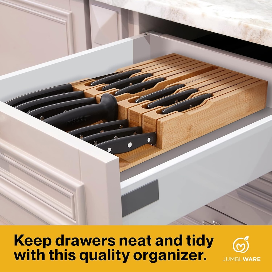 Image 878110_ALTMORE5.jpg, Product 878-110 / Price $45.99, JumblWare Bamboo In-Drawer Knife Block Wooden Organizer & Cutlery Holder Insert for Inside Drawer, Cabinet or Counter Universal Dock Fits 16 Steak Knives & Sharpener Great Kitchen Gadget Gift from JumblWare on TSC.ca's Home & Garden department