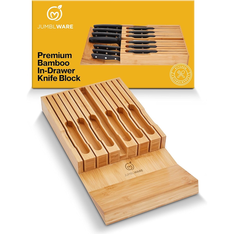 Image 878110_ST01.jpg, Product 878-110 / Price $45.99, JumblWare Bamboo In-Drawer Knife Block Wooden Organizer & Cutlery Holder Insert for Inside Drawer, Cabinet or Counter Universal Dock Fits 16 Steak Knives & Sharpener Great Kitchen Gadget Gift from JumblWare on TSC.ca's Home & Garden department