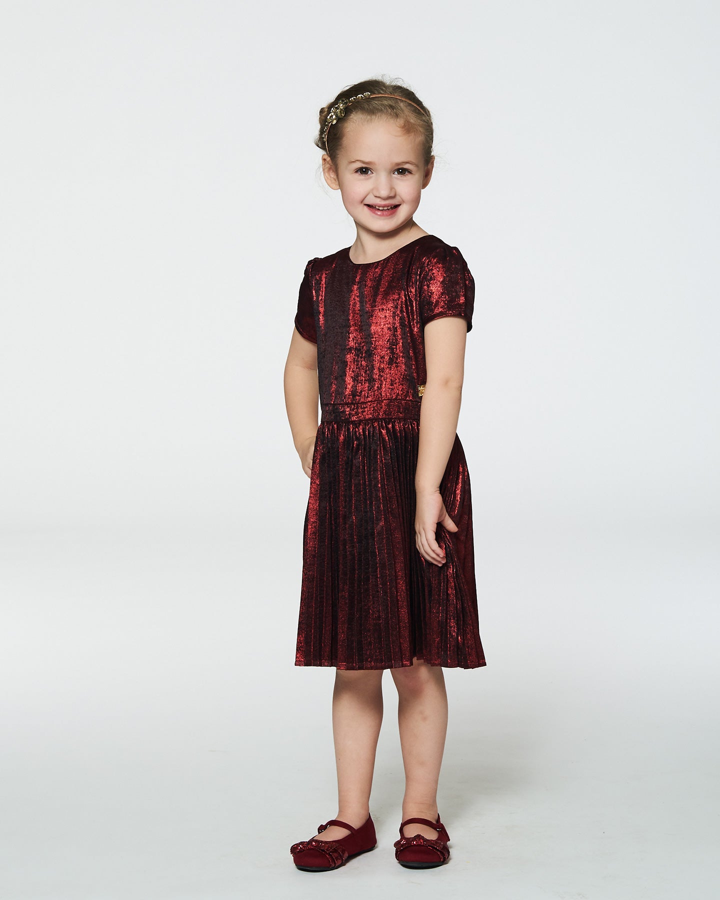 Short Sleeve Dress With Pleated Skirt Metallic Red - TSC.ca