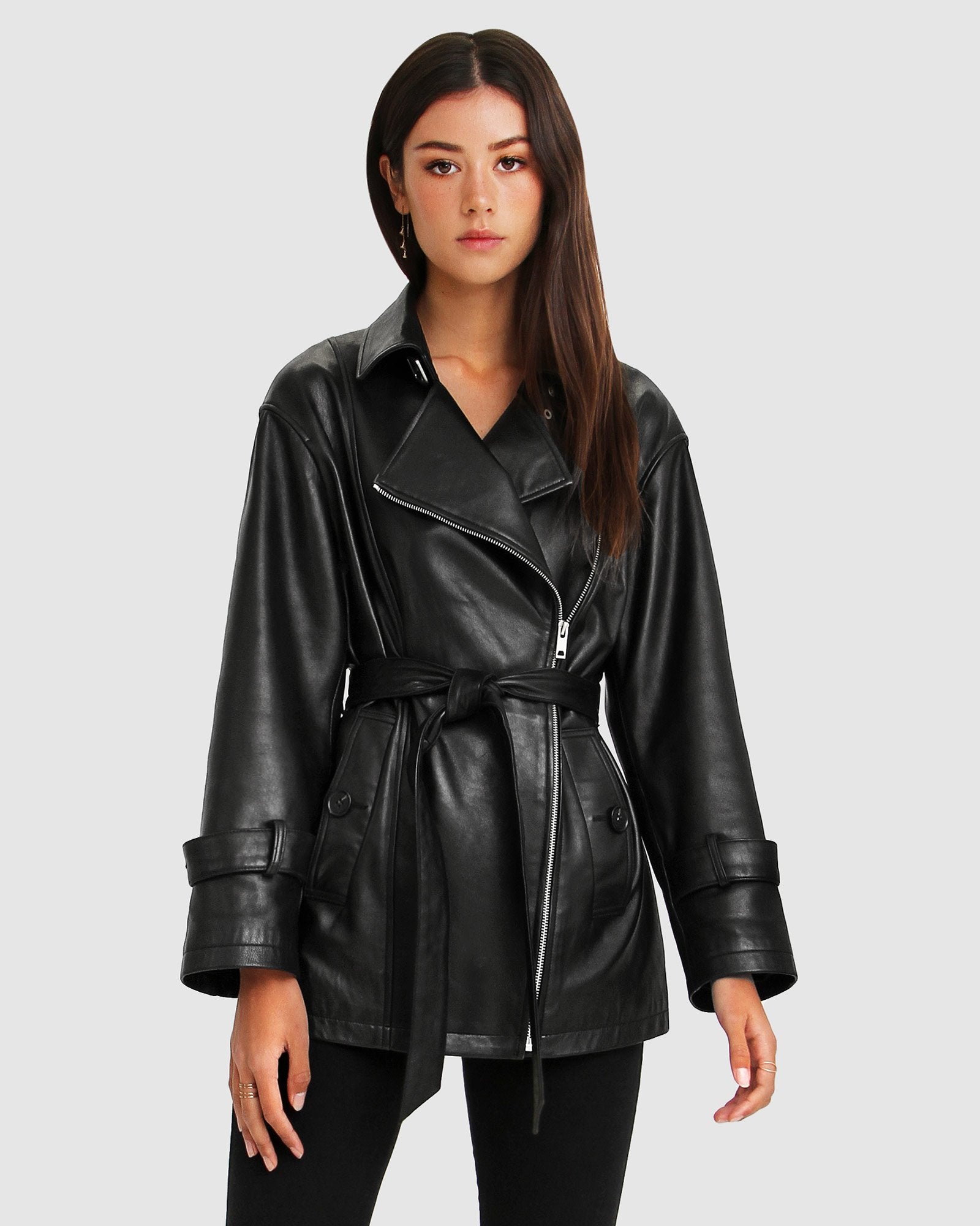 Belted leather jacket best sale