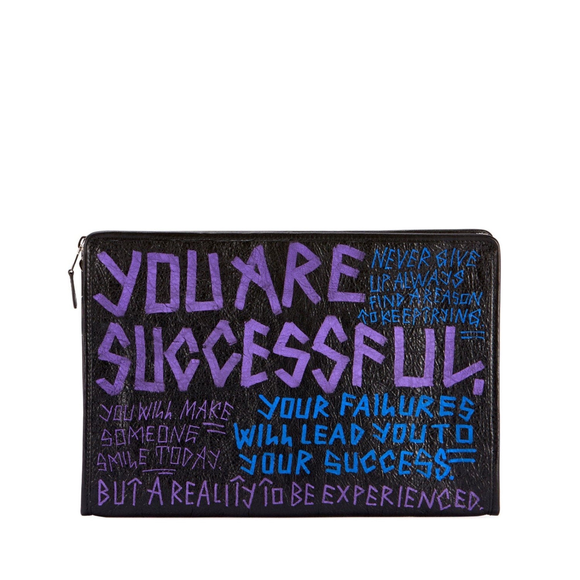 Balenciaga Bazar Graffiti Purple Blue Black Arena Leather Pouch