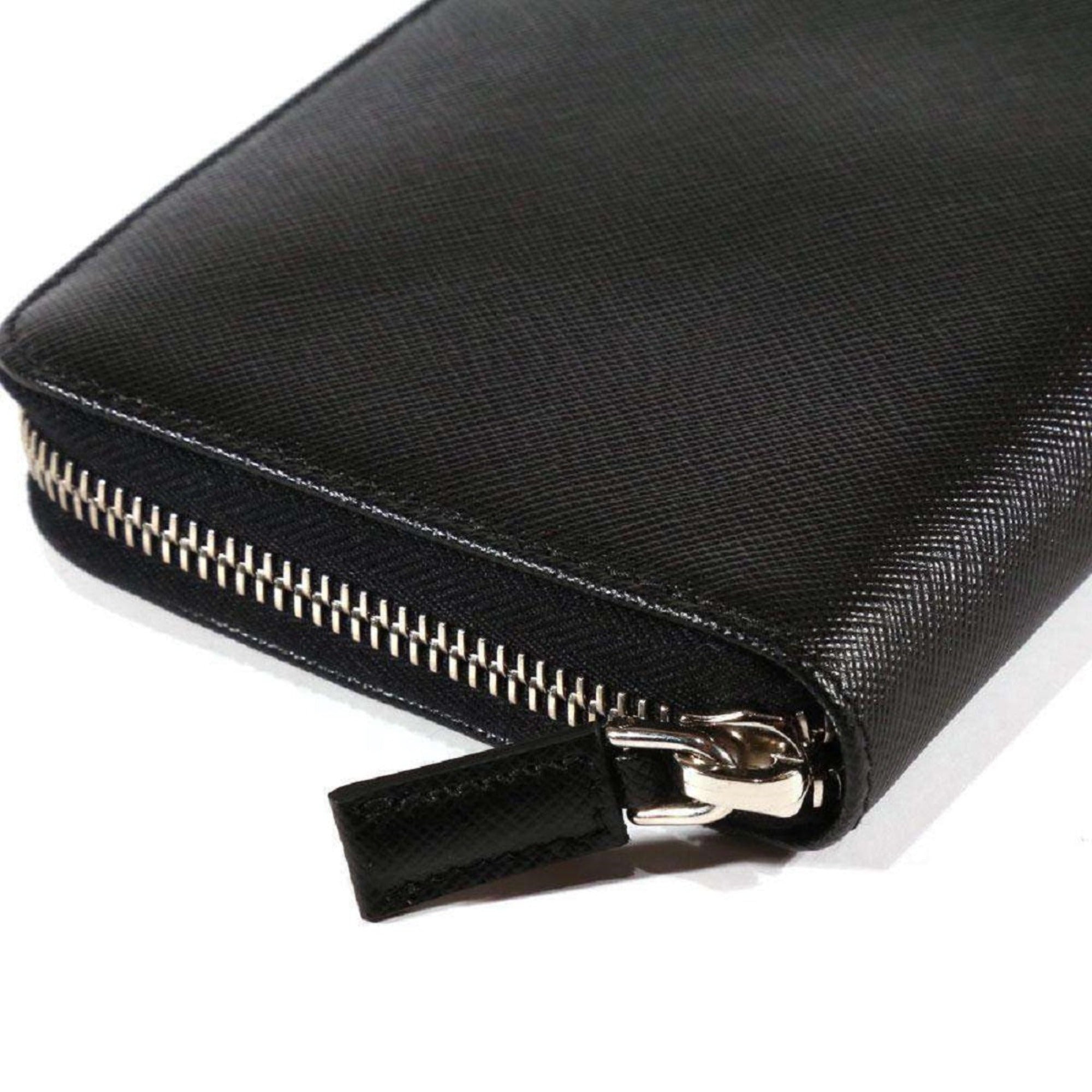 Prada Saffiano Active Black Leather Stripe Zip Around Wallet