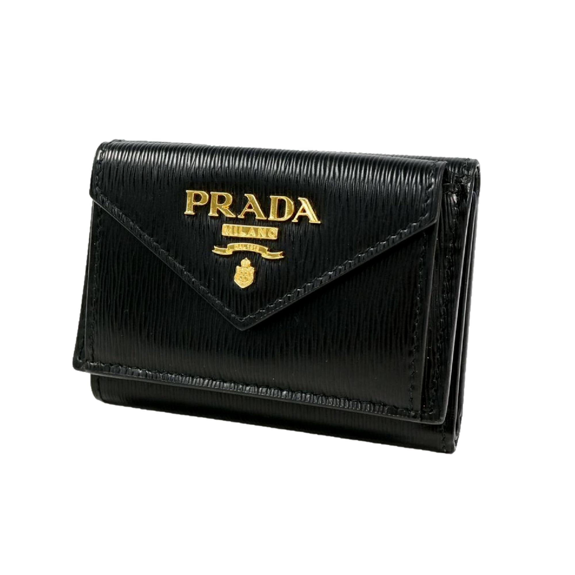 Prada Womens Vitello Move Black Leather Compact Envelope Trifold