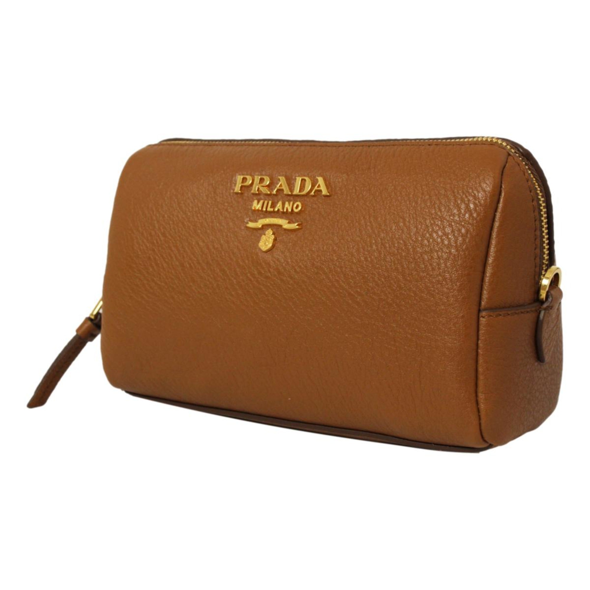 Prada Vitello Daino Cannella Brown Leather Cosmetic Pouch Clutch