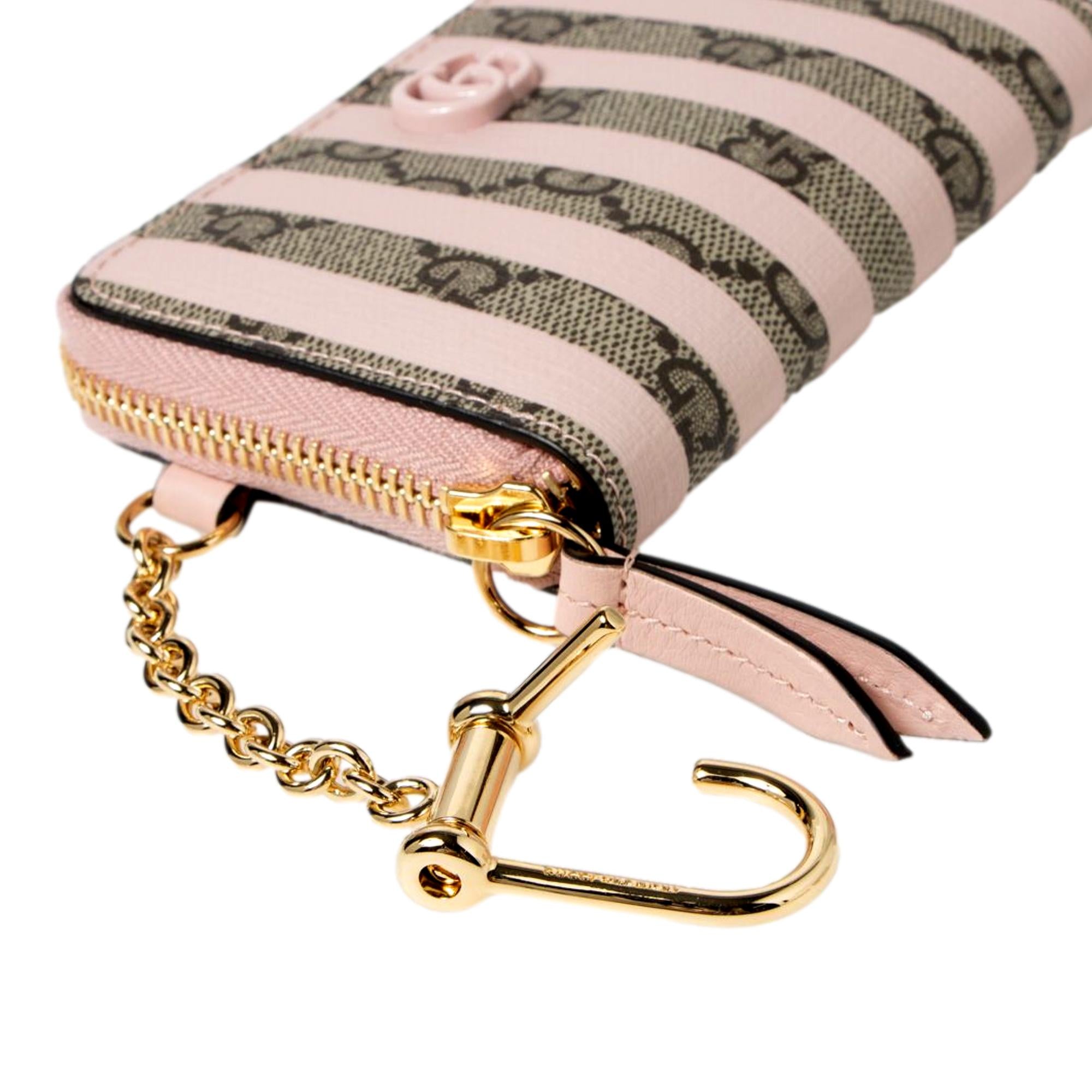 Gucci GG Monogram Canvas Pink Stripes Zip Around Compact Wallet