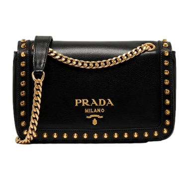 Prada Pattina Black Calf Leather Studded Flap Chain Crossbody Bag