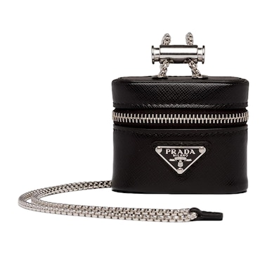 Prada Triangle Saffiano Black Leather Mini Airpods Case with Chain
