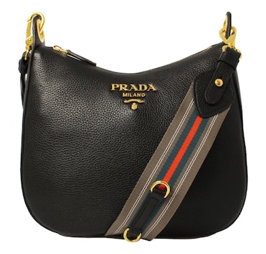 Prada Black Vitello Phenix Leather Web Stripe Strap Crossbody