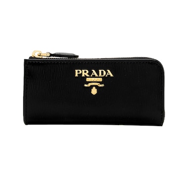 Prada Vitello Move Key Case Holder Wallet Zip Pouch Black Calf Leather