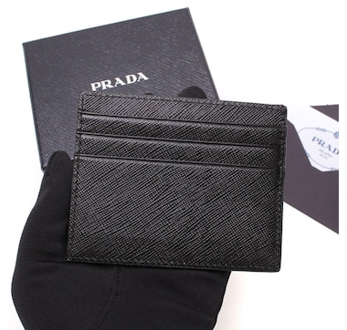 Prada Saffiano Nero Black - Gray Card Holder Silver Logo