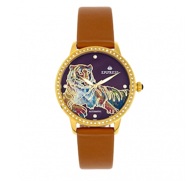 Empress Diana Automatic Engraved MOP Leather-Band Watch