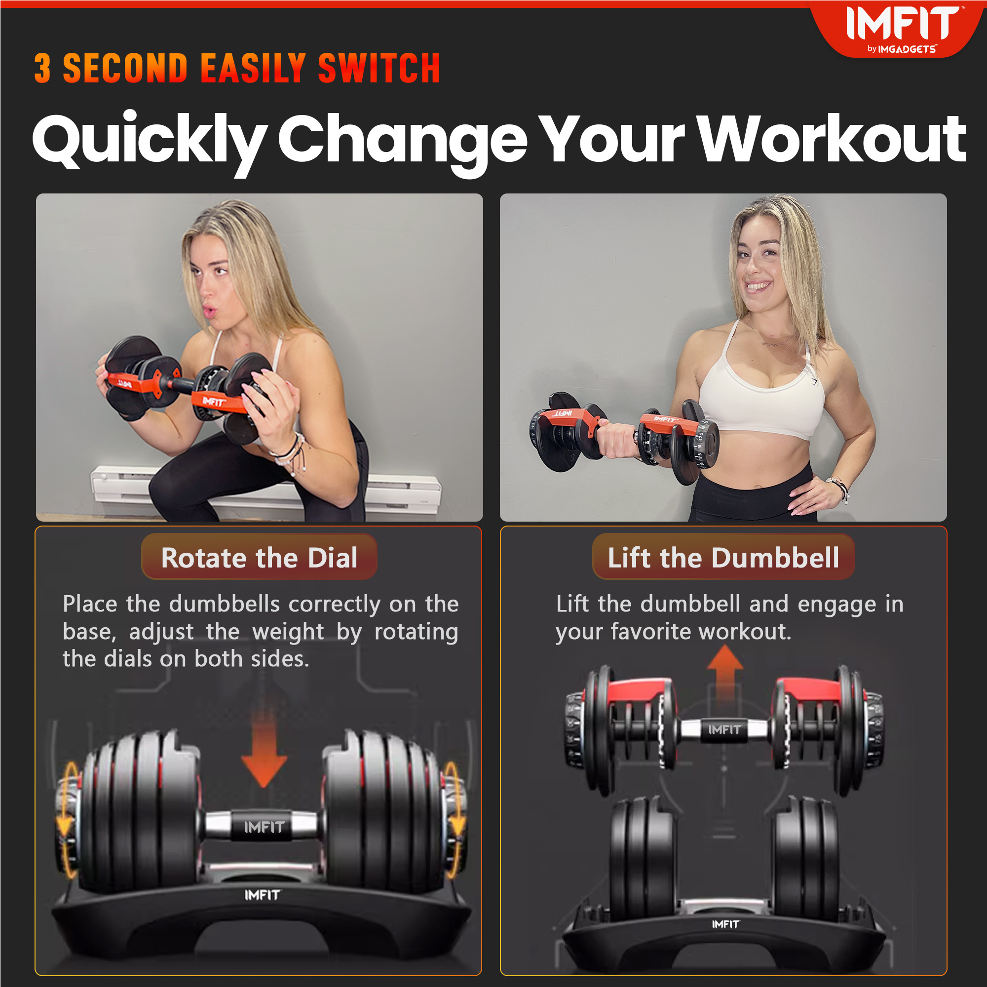 IMFit 5–52.5 lb Adjustable Dumbbell Set with 2 Hand Grips & 2 Jump