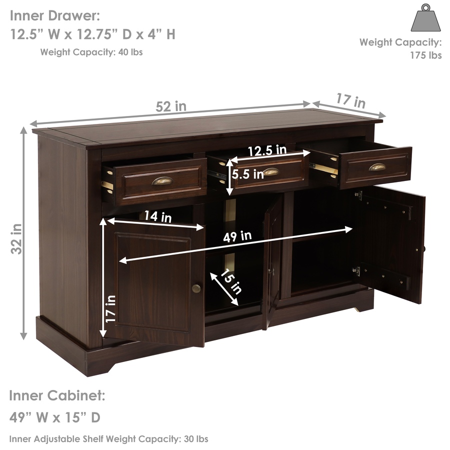Image 899522_ALTMORE3.jpg, Product 899-522 / Price $436.25, Solid Pine Sideboard with 3 Drawers and 3 Doors from Sunnydaze Décor on TSC.ca's Home & Garden department