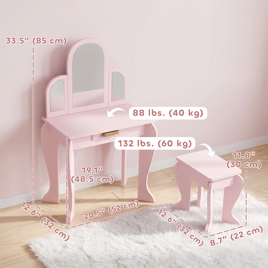 Image 904423_ALTMORE11.jpg, Product 904-423 / Price $96.99, Qaba Dressing Table Set with Drawer and Chair for 3-6 Years Old, Pink from Qaba on TSC.ca's Home & Garden department