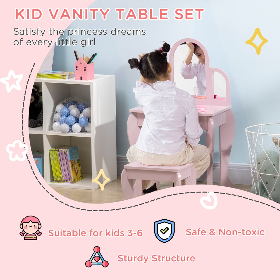 Image 904423_ALTMORE3.jpg, Product 904-423 / Price $96.99, Qaba Dressing Table Set with Drawer and Chair for 3-6 Years Old, Pink from Qaba on TSC.ca's Home & Garden department