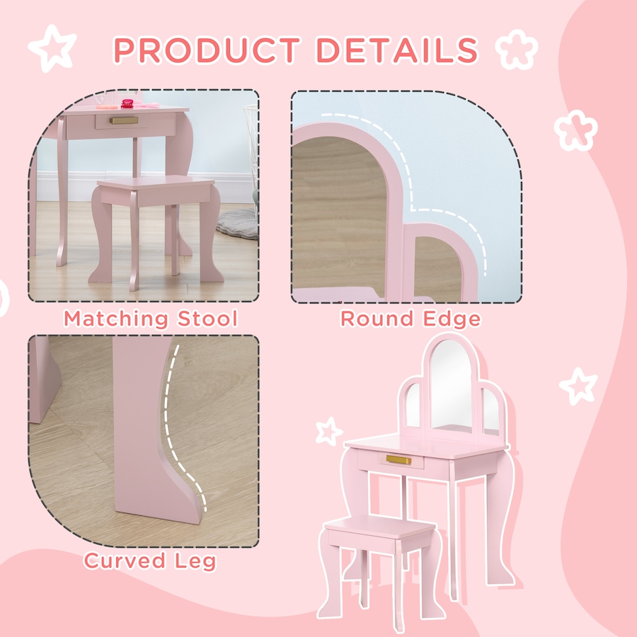 Image 904423_ALTMORE5.jpg, Product 904-423 / Price $96.99, Qaba Dressing Table Set with Drawer and Chair for 3-6 Years Old, Pink from Qaba on TSC.ca's Home & Garden department