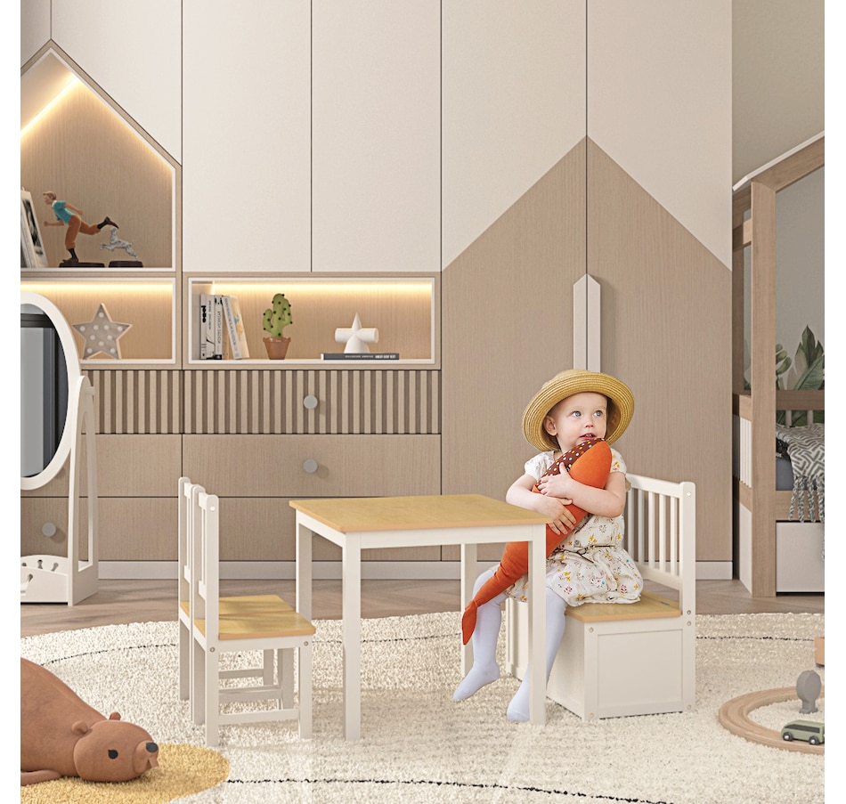 Image 904425_ALTMORE1.jpg, Product 904-425 / Price $169.99, Qaba 4-Piece Set Kids Wood Table Chair Bench with Storage Function Easy to Clean Gift for Girls Boys Toddlers Age 3 Years up - Natural and White from Qaba on TSC.ca's Home & Garden department