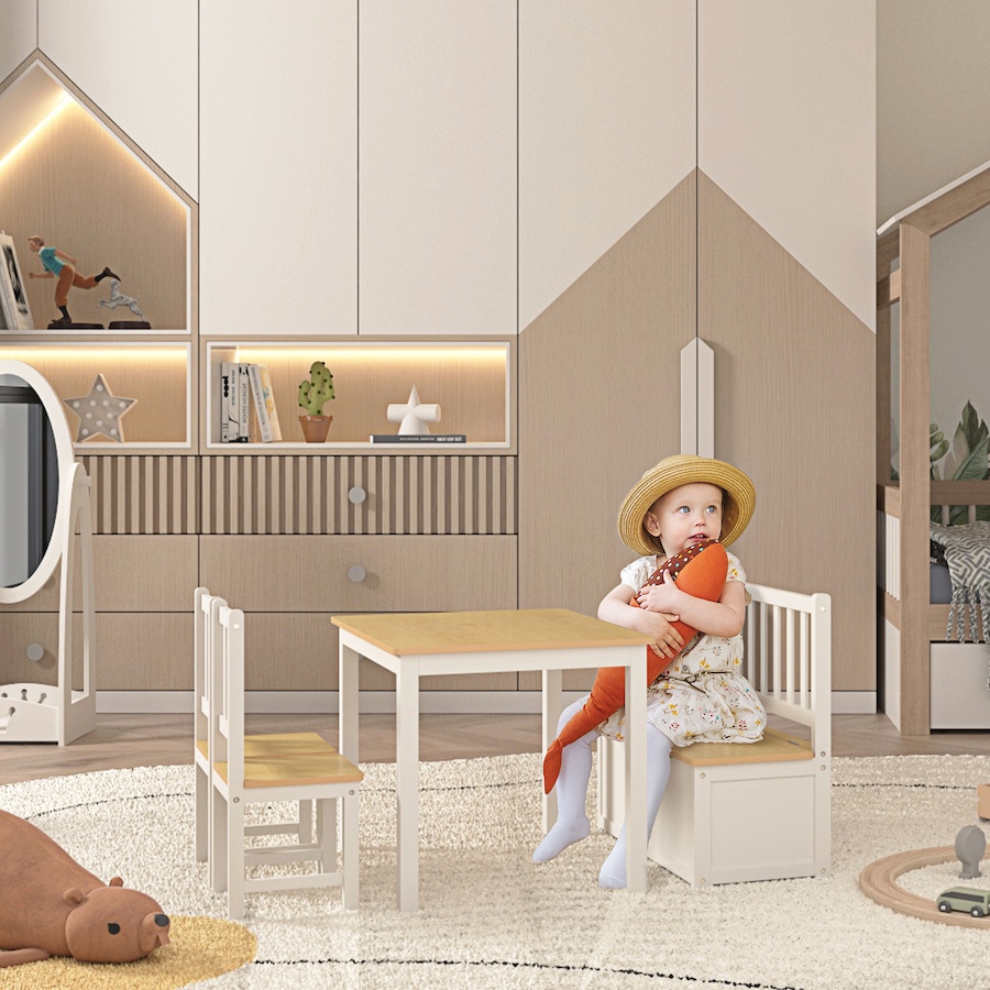 Image 904425_ALTMORE1.jpg, Product 904-425 / Price $159.99, Qaba 4-Piece Set Kids Wood Table Chair Bench with Storage Function Easy to Clean Gift for Girls Boys Toddlers Age 3 Years up - Natural and White from Qaba on TSC.ca's Home & Garden department