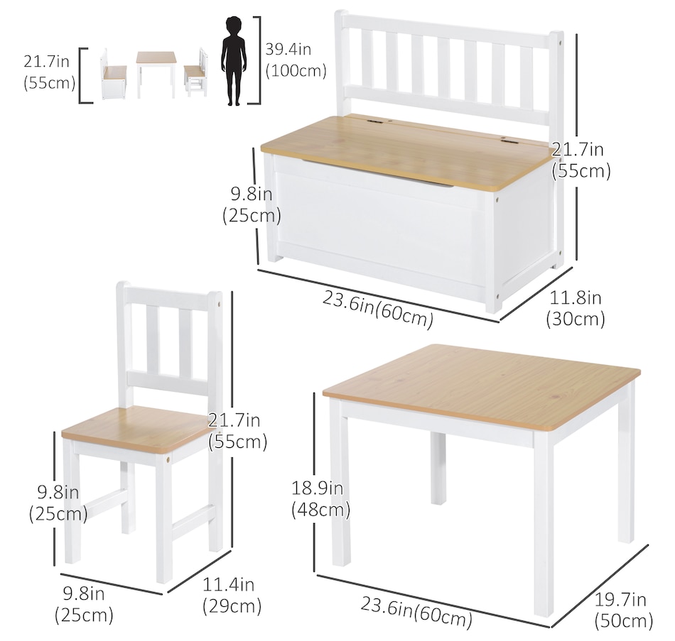 Image 904425_ALTMORE2.jpg, Product 904-425 / Price $169.99, Qaba 4-Piece Set Kids Wood Table Chair Bench with Storage Function Easy to Clean Gift for Girls Boys Toddlers Age 3 Years up - Natural and White from Qaba on TSC.ca's Home & Garden department