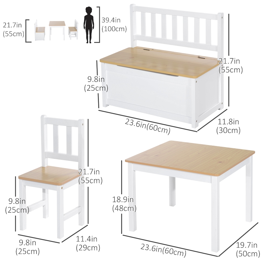 Image 904425_ALTMORE2.jpg, Product 904-425 / Price $159.99, Qaba 4-Piece Set Kids Wood Table Chair Bench with Storage Function Easy to Clean Gift for Girls Boys Toddlers Age 3 Years up - Natural and White from Qaba on TSC.ca's Home & Garden department