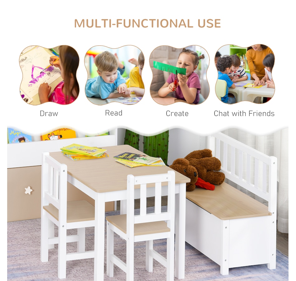 Image 904425_ALTMORE3.jpg, Product 904-425 / Price $169.99, Qaba 4-Piece Set Kids Wood Table Chair Bench with Storage Function Easy to Clean Gift for Girls Boys Toddlers Age 3 Years up - Natural and White from Qaba on TSC.ca's Home & Garden department