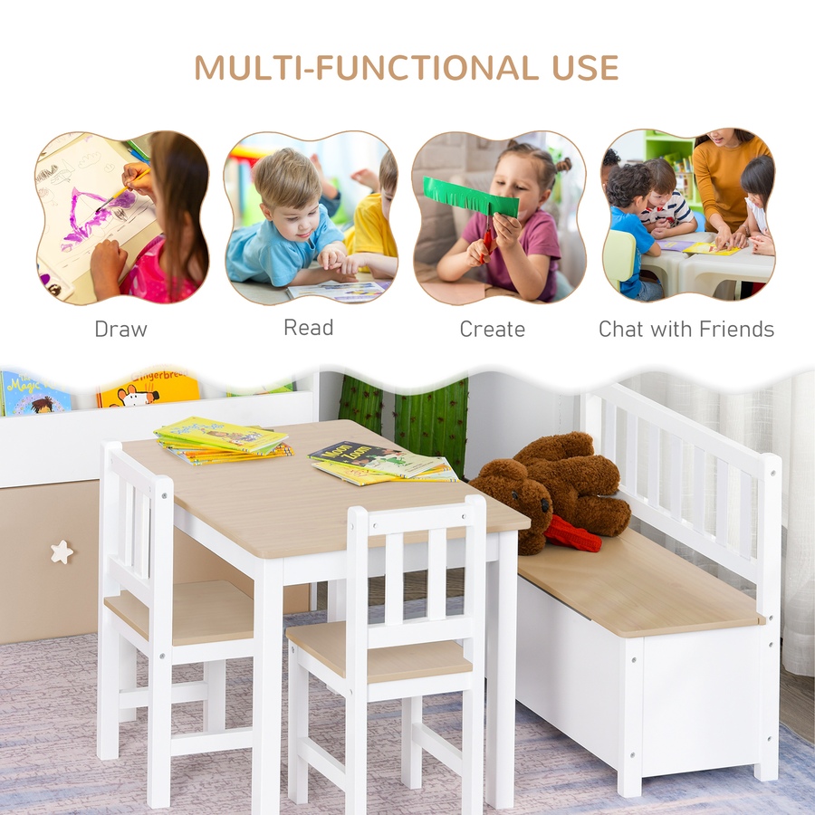 Image 904425_ALTMORE3.jpg, Product 904-425 / Price $159.99, Qaba 4-Piece Set Kids Wood Table Chair Bench with Storage Function Easy to Clean Gift for Girls Boys Toddlers Age 3 Years up - Natural and White from Qaba on TSC.ca's Home & Garden department