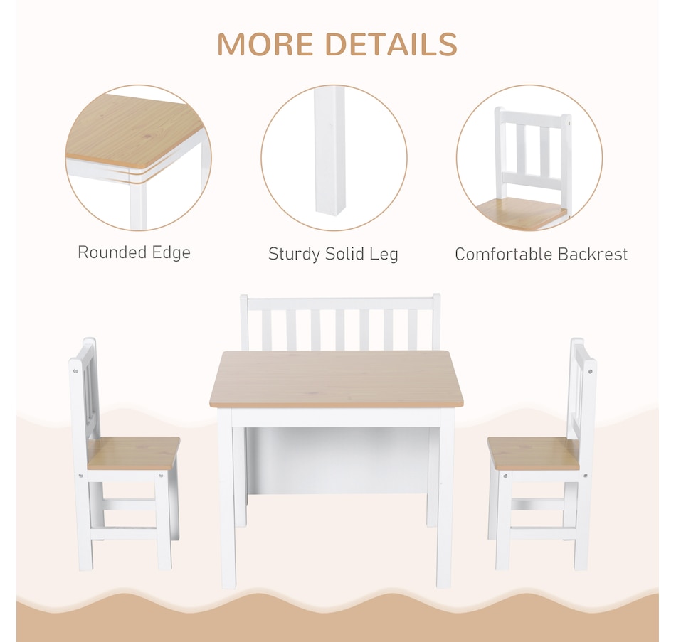 Image 904425_ALTMORE4.jpg, Product 904-425 / Price $169.99, Qaba 4-Piece Set Kids Wood Table Chair Bench with Storage Function Easy to Clean Gift for Girls Boys Toddlers Age 3 Years up - Natural and White from Qaba on TSC.ca's Home & Garden department