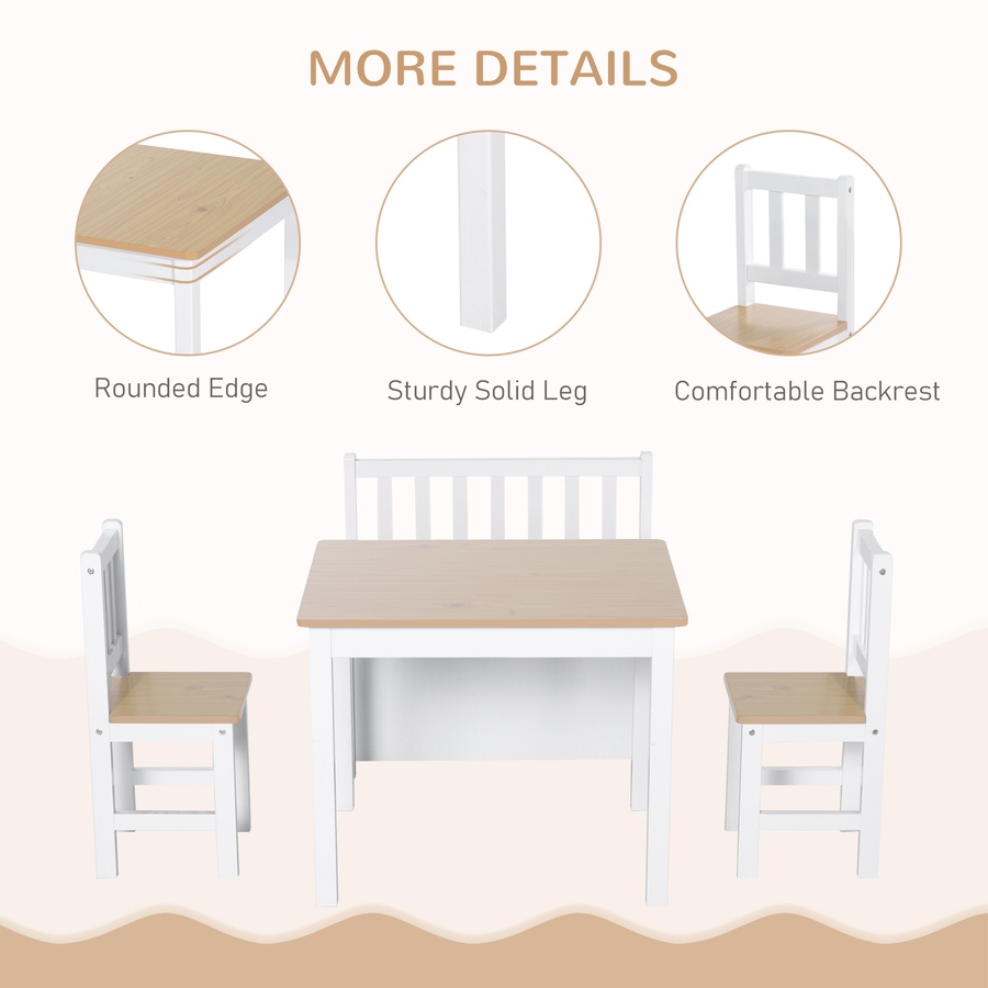 Image 904425_ALTMORE4.jpg, Product 904-425 / Price $159.99, Qaba 4-Piece Set Kids Wood Table Chair Bench with Storage Function Easy to Clean Gift for Girls Boys Toddlers Age 3 Years up - Natural and White from Qaba on TSC.ca's Home & Garden department