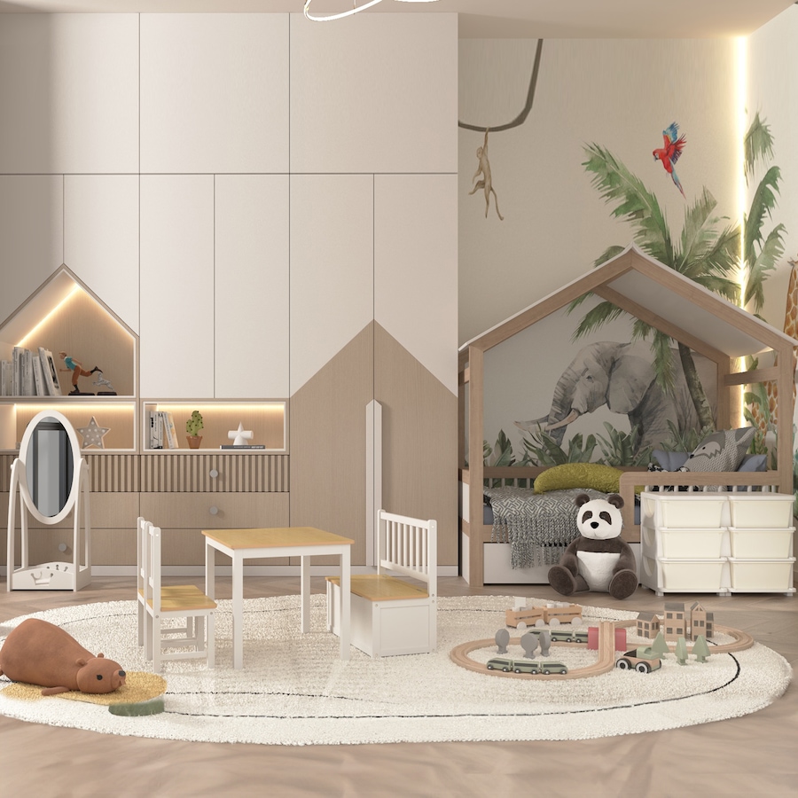 Image 904425_ALTMORE8.jpg, Product 904-425 / Price $159.99, Qaba 4-Piece Set Kids Wood Table Chair Bench with Storage Function Easy to Clean Gift for Girls Boys Toddlers Age 3 Years up - Natural and White from Qaba on TSC.ca's Home & Garden department