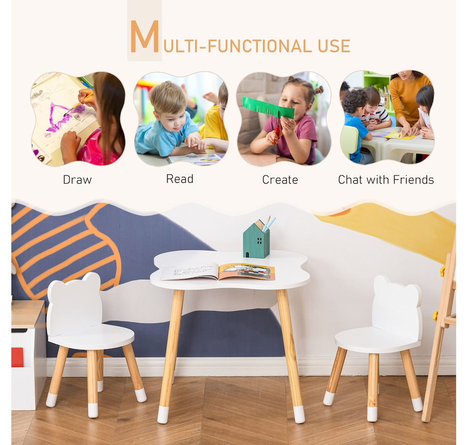 Image 904426_ALTMORE3.jpg, Product 904-426 / Price $89.99, Qaba 3 Piece Kids Table and Chairs Set, Children Dining Table with 2 Chairs, Cute Bear Shape, Rounded Corners, for Toddler 1-4 Years, Reading, Drawing, Playing, White from Qaba on TSC.ca's Home & Garden department