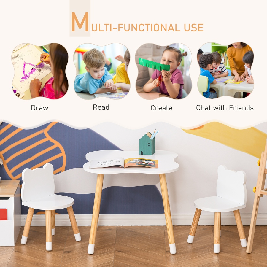 Image 904426_ALTMORE3.jpg, Product 904-426 / Price $78.99, Qaba 3 Piece Kids Table and Chairs Set, Children Dining Table with 2 Chairs, Cute Bear Shape, Rounded Corners, for Toddler 1-4 Years, Reading, Drawing, Playing, White from Qaba on TSC.ca's Home & Garden department