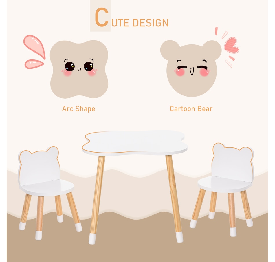 Image 904426_ALTMORE4.jpg, Product 904-426 / Price $89.99, Qaba 3 Piece Kids Table and Chairs Set, Children Dining Table with 2 Chairs, Cute Bear Shape, Rounded Corners, for Toddler 1-4 Years, Reading, Drawing, Playing, White from Qaba on TSC.ca's Home & Garden department
