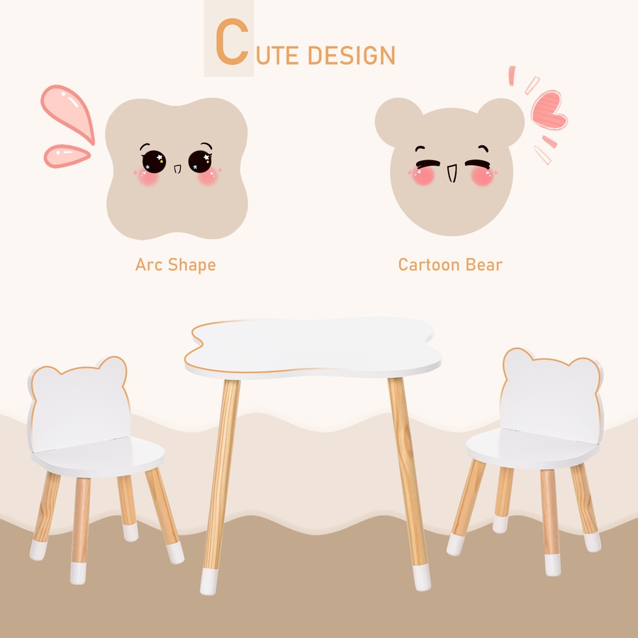 Image 904426_ALTMORE4.jpg, Product 904-426 / Price $78.99, Qaba 3 Piece Kids Table and Chairs Set, Children Dining Table with 2 Chairs, Cute Bear Shape, Rounded Corners, for Toddler 1-4 Years, Reading, Drawing, Playing, White from Qaba on TSC.ca's Home & Garden department
