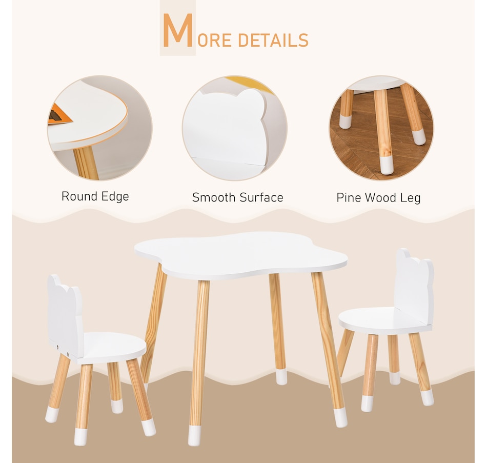 Image 904426_ALTMORE5.jpg, Product 904-426 / Price $89.99, Qaba 3 Piece Kids Table and Chairs Set, Children Dining Table with 2 Chairs, Cute Bear Shape, Rounded Corners, for Toddler 1-4 Years, Reading, Drawing, Playing, White from Qaba on TSC.ca's Home & Garden department