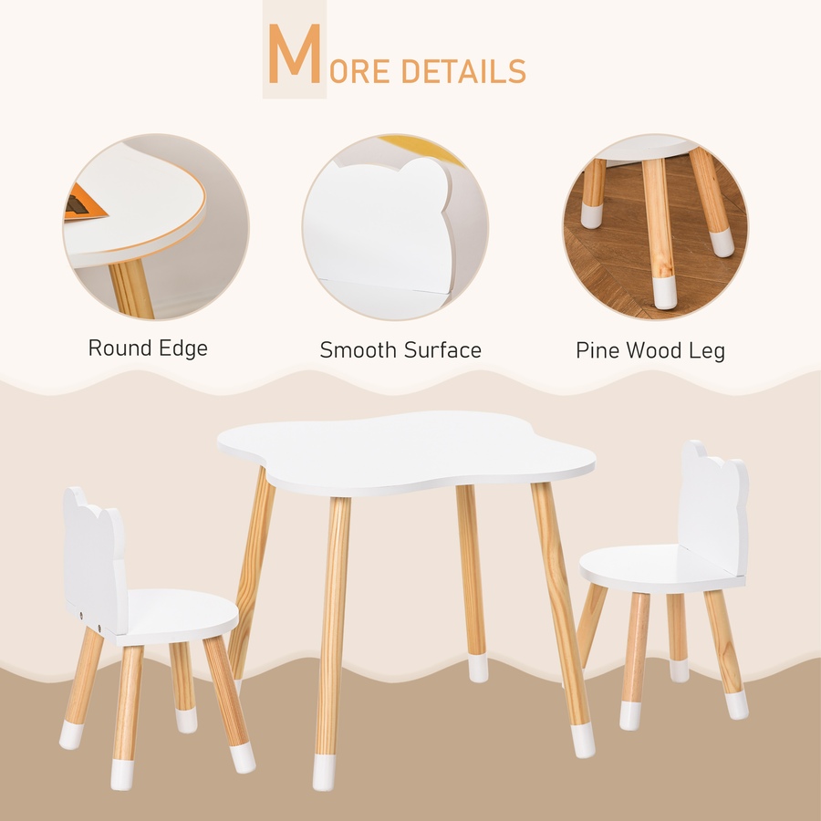 Image 904426_ALTMORE5.jpg, Product 904-426 / Price $78.99, Qaba 3 Piece Kids Table and Chairs Set, Children Dining Table with 2 Chairs, Cute Bear Shape, Rounded Corners, for Toddler 1-4 Years, Reading, Drawing, Playing, White from Qaba on TSC.ca's Home & Garden department