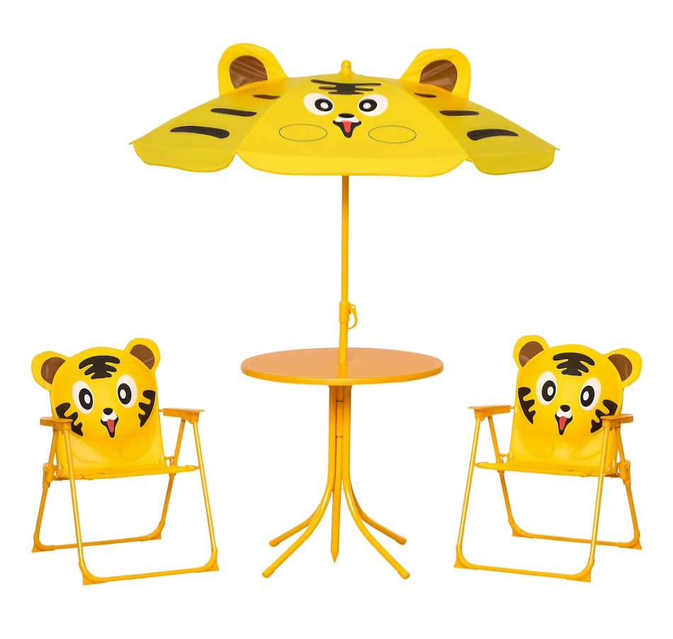 Image 904428.png, Product 904-428 / Price $69.99, Outsunny Kids Folding Picnic Table and Chair Set Pattern Outdoor Garden Patio Backyard with Removable & Height Adjustable Sun Umbrella Yellow from Outsunny on TSC.ca's Home & Garden department