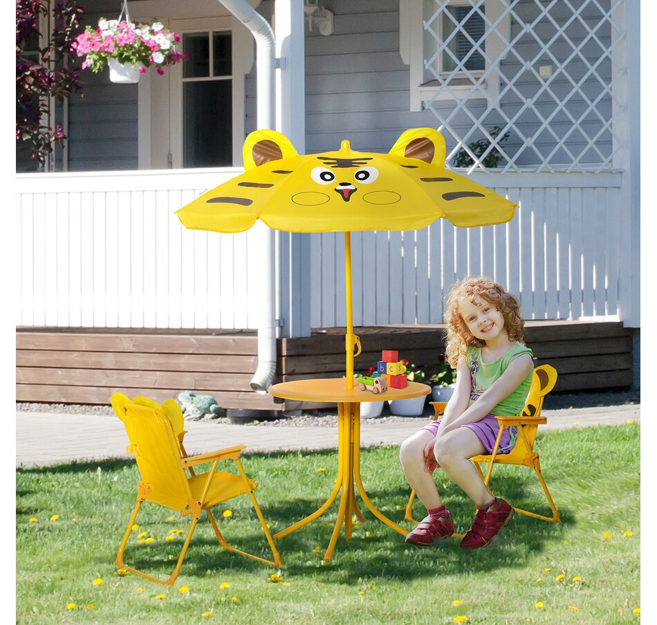 Image 904428_ALTMORE1.jpg, Product 904-428 / Price $69.99, Outsunny Kids Folding Picnic Table and Chair Set Pattern Outdoor Garden Patio Backyard with Removable & Height Adjustable Sun Umbrella Yellow from Outsunny on TSC.ca's Home & Garden department